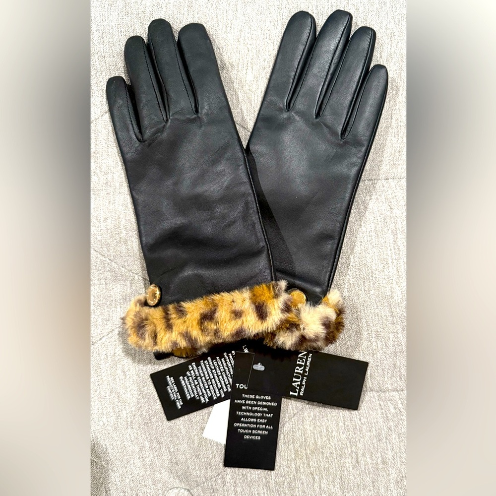 Lauren Ralph Lauren Women's Leather Touch Glove w/ Faux Leopard Cuff- Black Sz M
